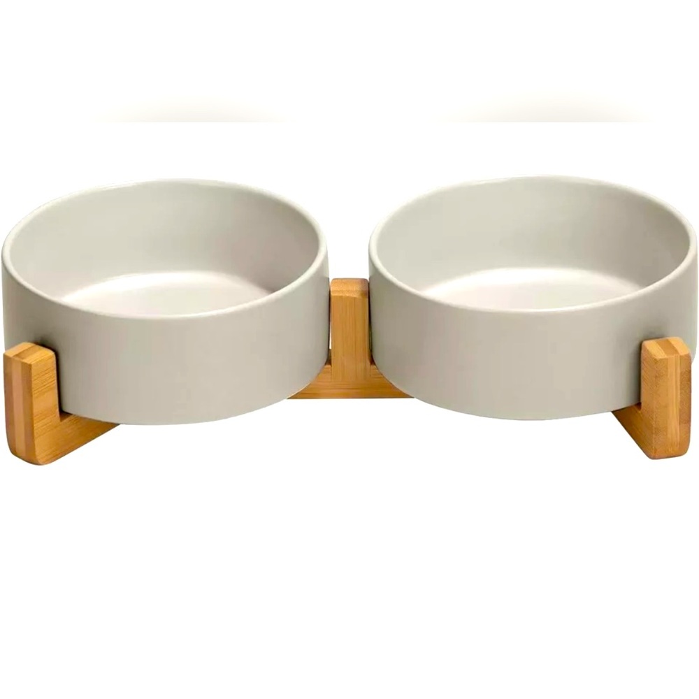 SPUNKYJUNKY Ceramic Dog and Cat Bowl with Wood Stand Non-Slip